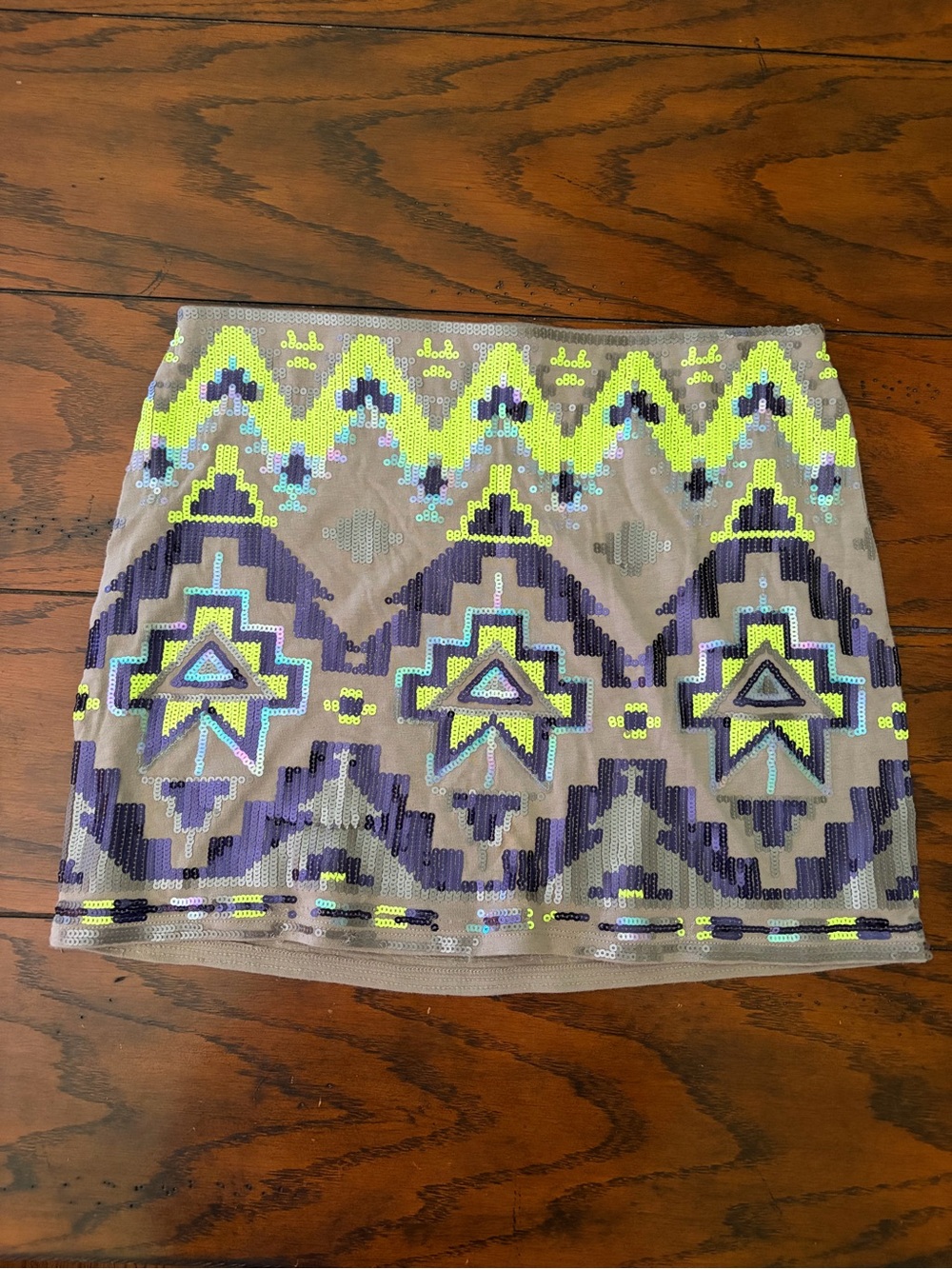 Y2K xs Express Aztec Sequin Mini Skirt in Taupe, Neon Yellow & Purple